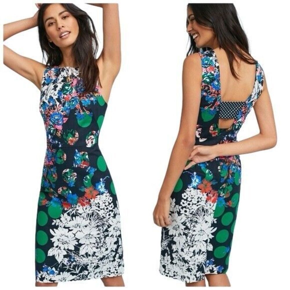 Anthropologie Navy Floral Sheath Dress with Green Dot Accents